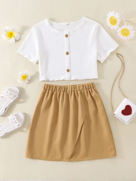 

girls rib knit lettuce trim fake button crop & solid skirt she, White