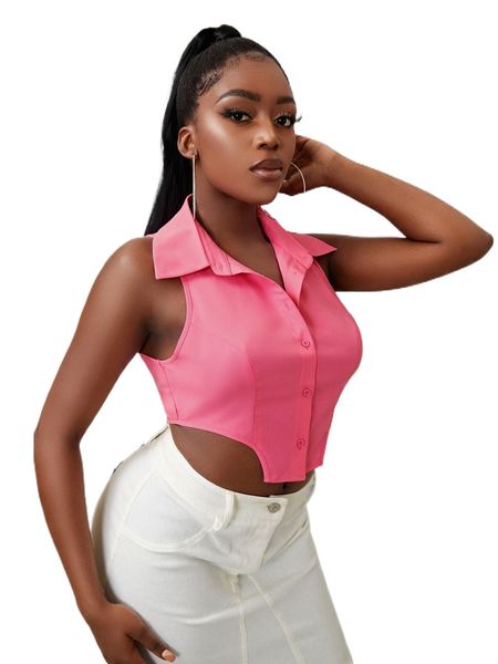 

sxy collar button front asymmetrical hem f8sv#, White