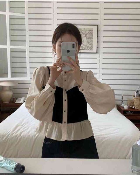 

women's knits tees spring south korea dongdamen temperament light familiar stitching slim fitting fake two long sleeved shirt ahx2, White