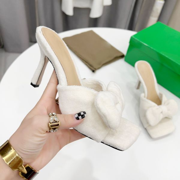 

stretch towel mules plush bow sandals women high heel leather-lined flat slippers square toe light tourist shoes high-heeled shoes size 35-4, Black