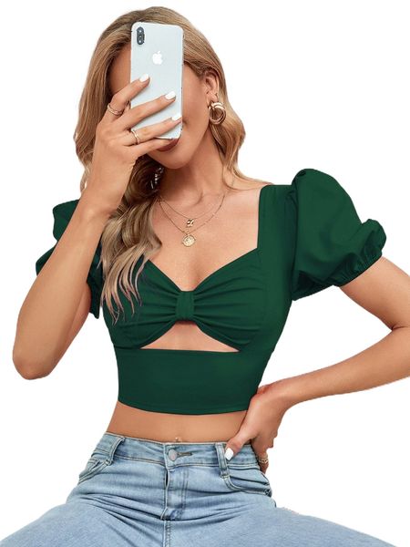 

sweetheart neck ruched bust cut out crop blouse 34ve#, White