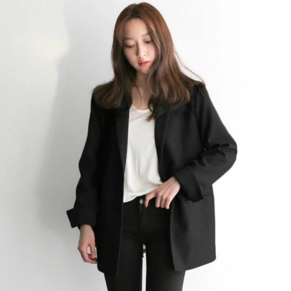 Ternos femininos Blazers Mulheres Terno preto Blazer Office Office Office Jacket Ladies Moda de moda de tamanho grande Longo casaco solto e casual Autumnwo