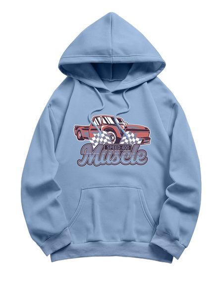 

car & letter graphic drawstring thermal lined hoodie o8v1#, Black