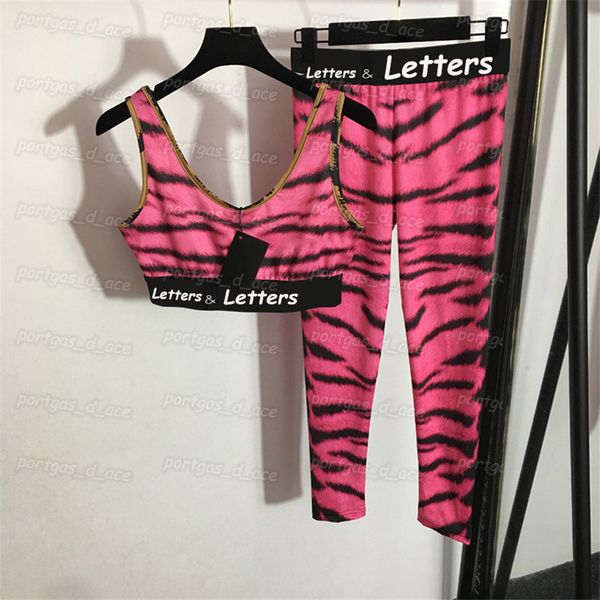 Pembe Leopar Kadın Trailtsuits Siyah Yaz Spor Yoga Kıyafetleri Vintage Sıska Yelek Tayt Seti Yastıklı Jogging Koşu Tankları