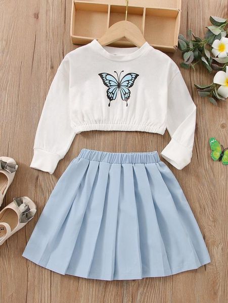

little girl's butterfly pullover and pleated skirt she, White