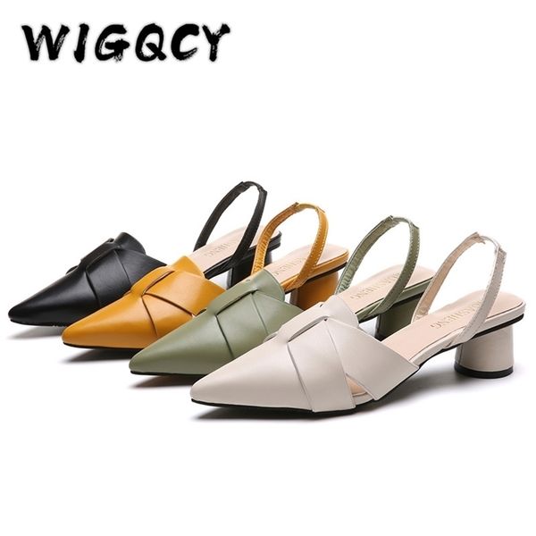 

summer pointed toe sandal fashion quality beige square heel shoes casual sweet party yellow high heels plus size 42 220804, Black