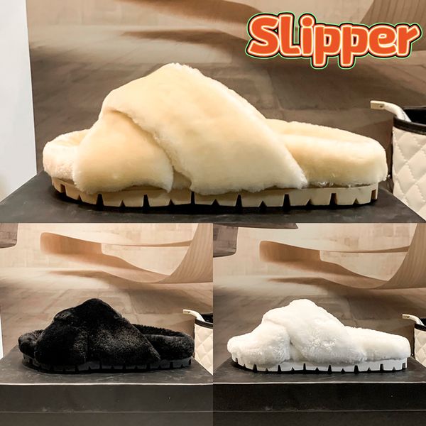 

designer slippers womens comfortable wool slides soft warm fur sandal shearling criss-cross sandals slide enameled triangle crossover luxury, Black