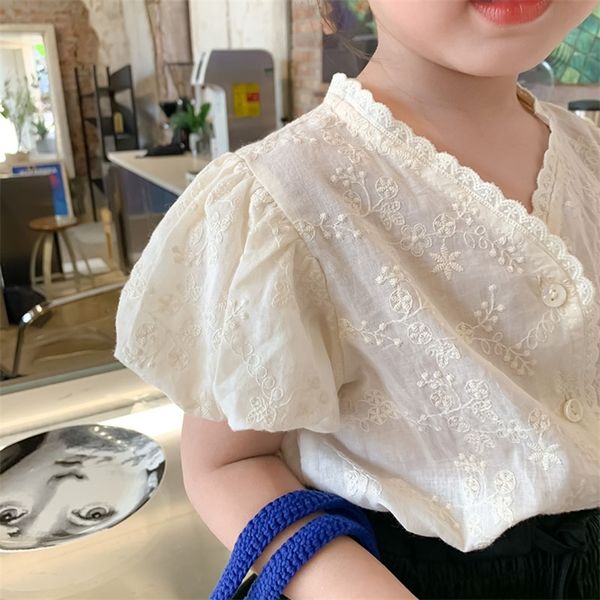 

summer girls shirt lace collar kids tees puff sleeve children korean girls blouse 220602, Blue