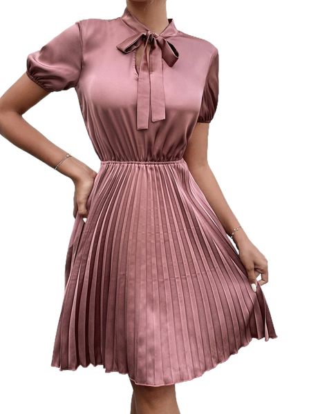 

puff sleeve pleated hem tie neck satin dress n9xz#, Black;gray