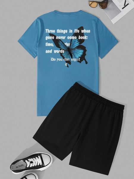 

men slogan & butterfly print tee & drawstring shorts o3ms#, Gray