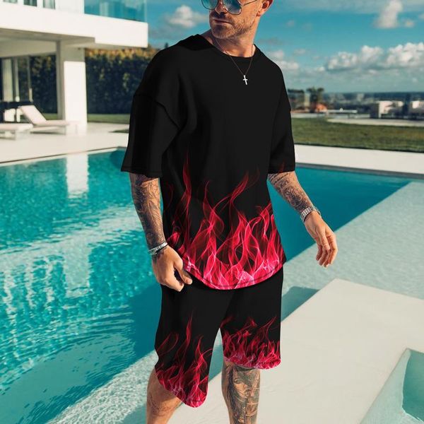 

men's tracksuits summer red flame 3d print casual tracksuit men's outfits suit short sleeve vintage t-shirt sports shorts two piec, Gray