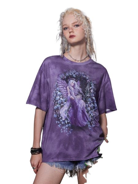 

romwe goth floral & figure graphic tie dye drop shoulder tee h4im#, White
