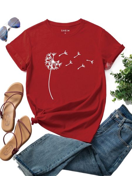 

dandelion print round neck tee r07v#, White