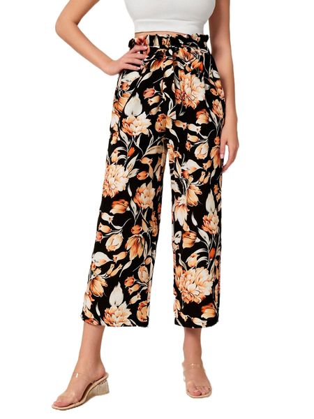 

floral print paperbag waist belted pants v4wi#, Black;white