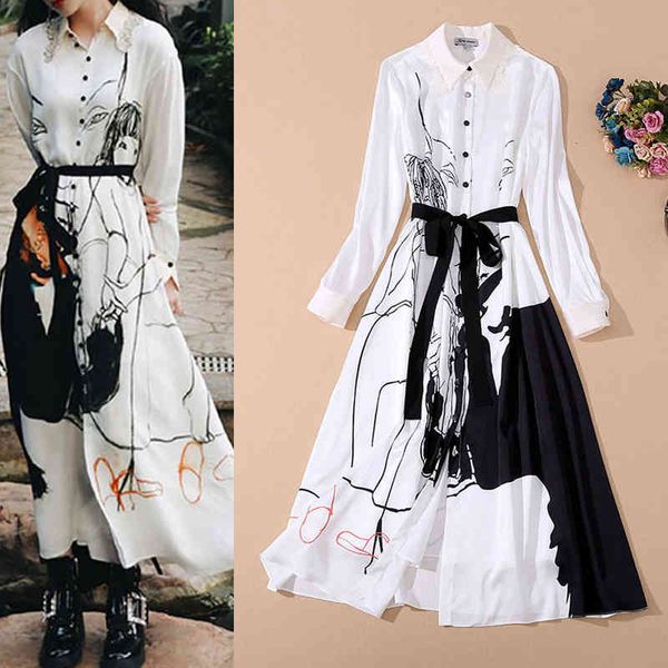 

casual dresses early spring women's abstract figure print lace up waist single breasted shirt dress, Black;gray