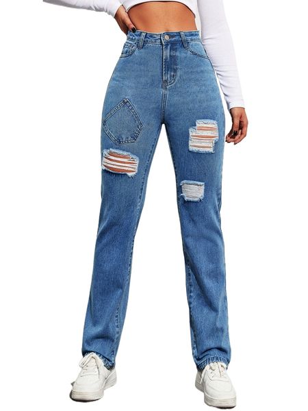 

slant pocket ripped jeans p2dl#, Blue