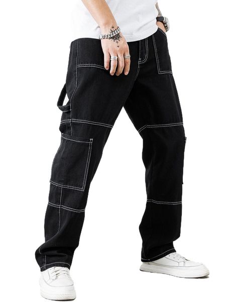 

men pocket patched tape detail jeans z70j#, Blue