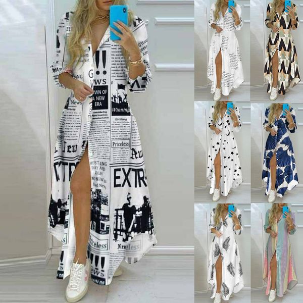 

long shirt dress women single breasted button lapel long sleeve dress spring summer letter print oversized robe dresses, Black;gray