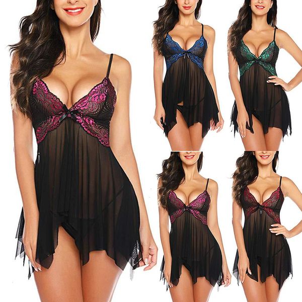 

women nightie lingerie flower sleepwears night dress lace nightgown v-neck peignoir sleepwear nightwear strap chemise shirt, Black;red