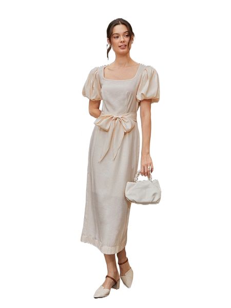 

scoop neck puff sleeve self belted dress 30rm#, Black;gray