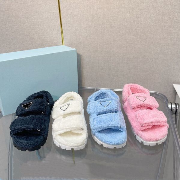 

casual shoes luxury design autumn winter triangle women sandals plush fur slide classic open toe rubber sole flat slipper runway outfit part, Black