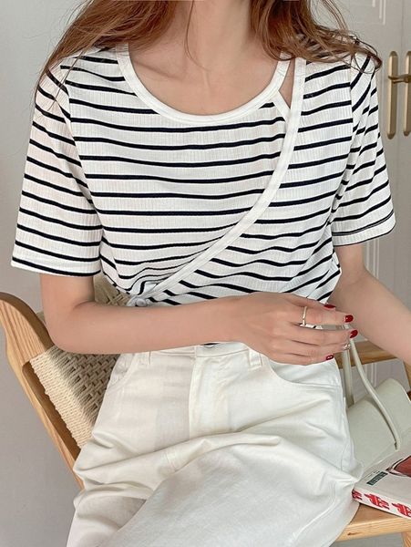 

dazy striped cut out wrap tee 92uc#, White