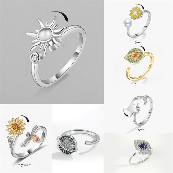 

anti stress anxiety rings for women satinless steel sunflower star planet spinner fidget ring jewelry drop 220728, Slivery;golden