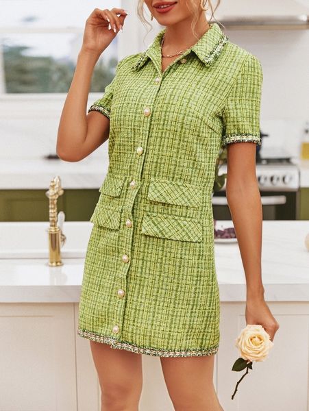 

simplee flap detail plaid tweed dress i7tk#, Black;gray