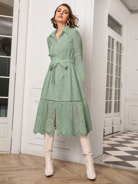 

100% cotton belted schiffy dress z8hm#, Black;gray