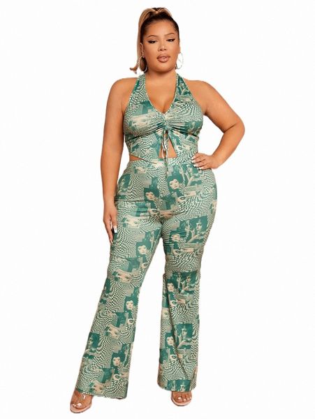 

sxy plus figure graphic drawstring front halter & flare leg pants o7qa#, Black