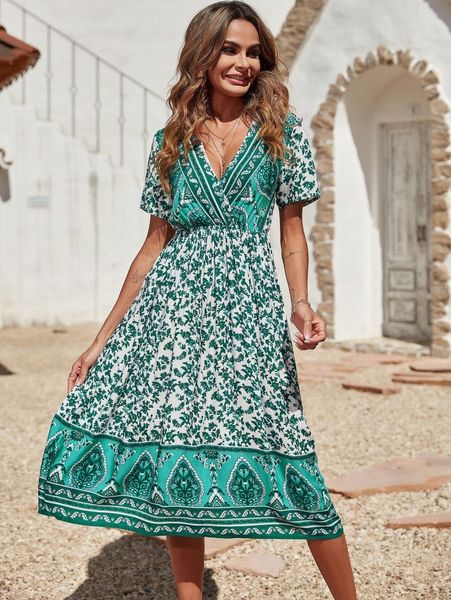 

allover floral print wrap a-line dress i5d8#, Black;gray