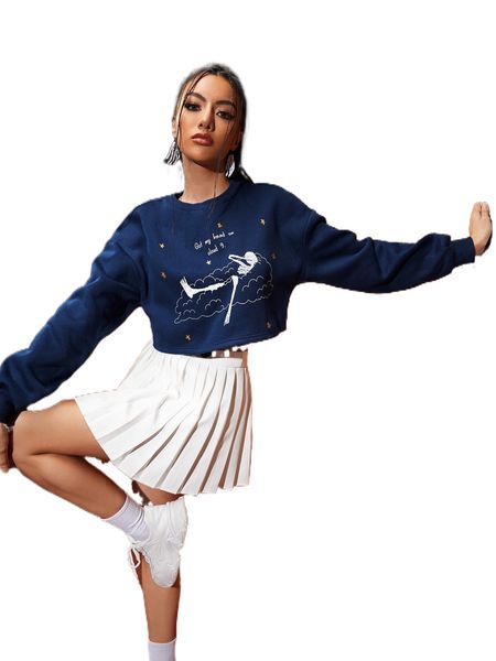 

x pomoi slogan & cartoon graphic crop sweatshirt 533p#, Black