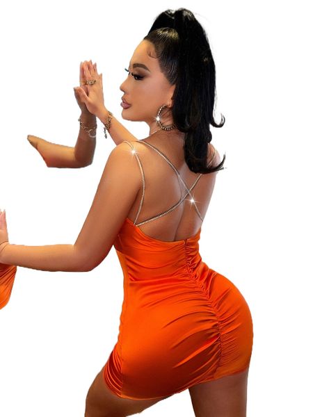 

sxy rhinestone crisscross backless ruched satin bodycon dress b6nl#, Black;gray