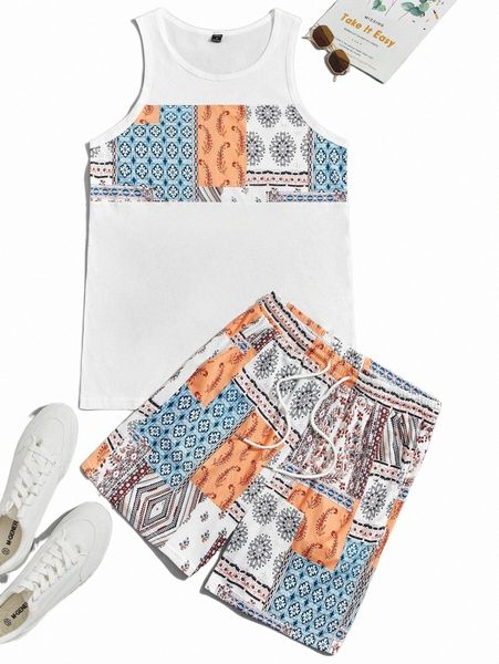 

men paisley print tank & high waist track shorts u8yl#, Gray