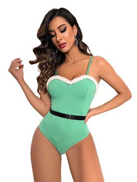 

plain rib belted teddy bodysuit a82f#, Black;red