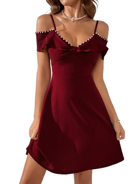 

pearl beaded ruched bust cold shoulder a-line dress i9a7#, Black;gray
