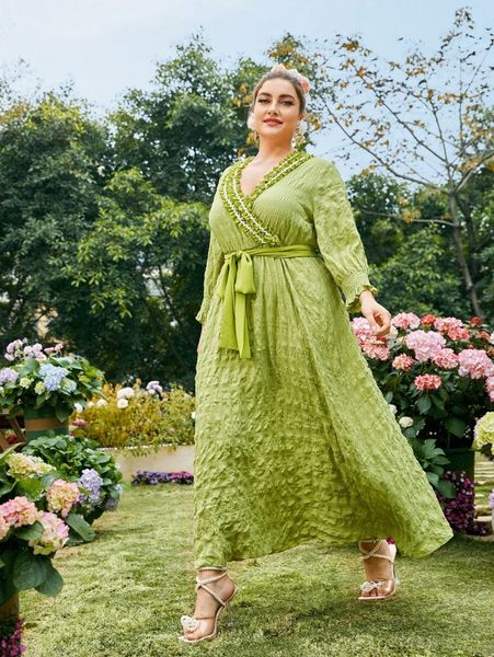 

plus frill trim textured shirred belted dress b62q#, Black