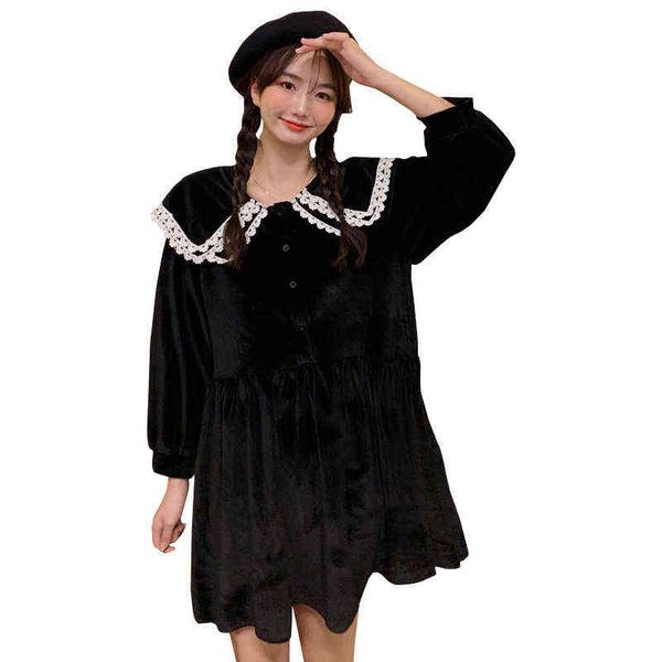 Hamile Kadın Kış Moda Gevşek Kadife Elbise Plus Boyutu Hamile Giysileri Siyah Dantel Patchwork Peter Pan Yaka Elbiseler J220628