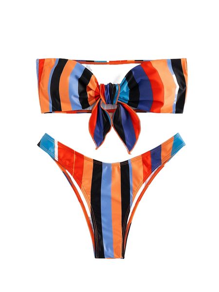 

striped knot bandeau bikini swimsuit k3ae#, White;black