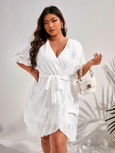 

plus eyelet embroidery wrap tie backless dress x5ey#, Black