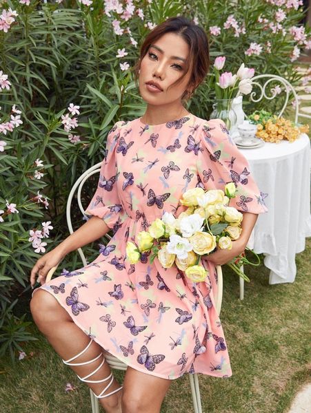 

butterfly appliques puff sleeve dress i5jm#, Black;gray