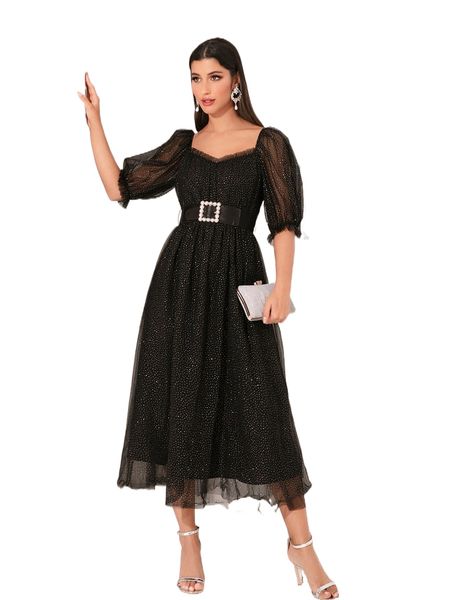 

modely sweetheart neck puff sleeve belted mesh dress y4jt#, Black;gray
