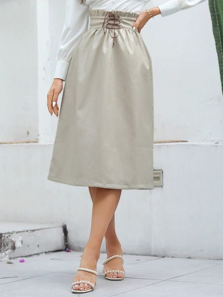 

lace up paperbag waist skirt 0919#, Black