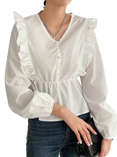 

dazy ruffle trim lantern sleeve peplum blouse p51s#, White