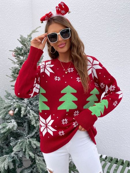 

christmas tree and snow pattern drop shoulder sweater h9pr#, White;black