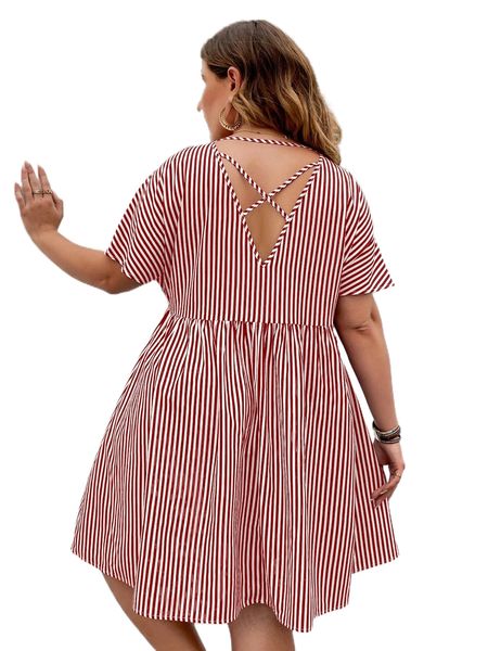 

plus vertical striped crisscross back batwing sleeve smock dress n2h4#, Black