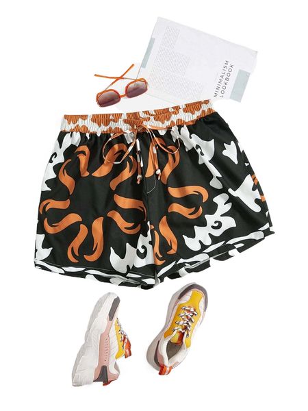 

plus graphic print knot front shorts i8li#, Black