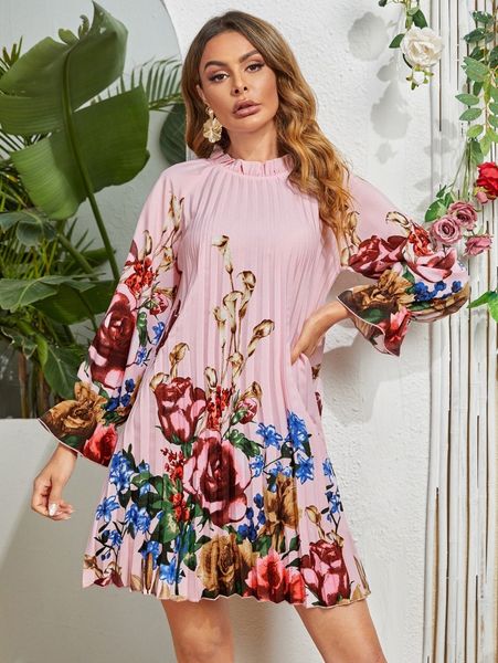 

floral print frilled neck bell sleeve pleated dress d8h3#, Black;gray