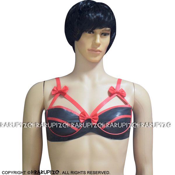 

black and red latex bra with trims buttons at back bows decoration rubber lingerie brassieres 0030, Red;black