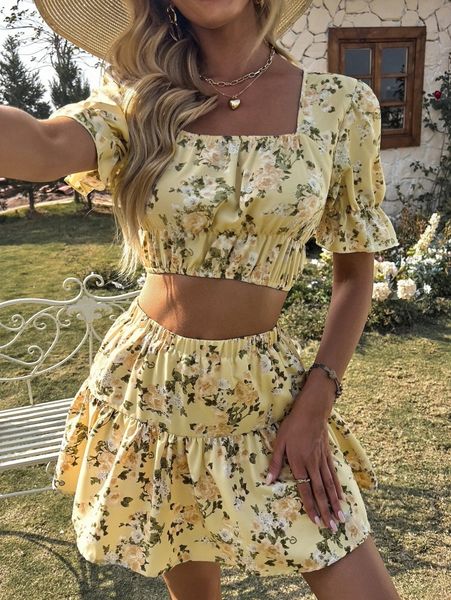 

floral print puff sleeve tie back crop & ruffle hem skirt a6jf#, White